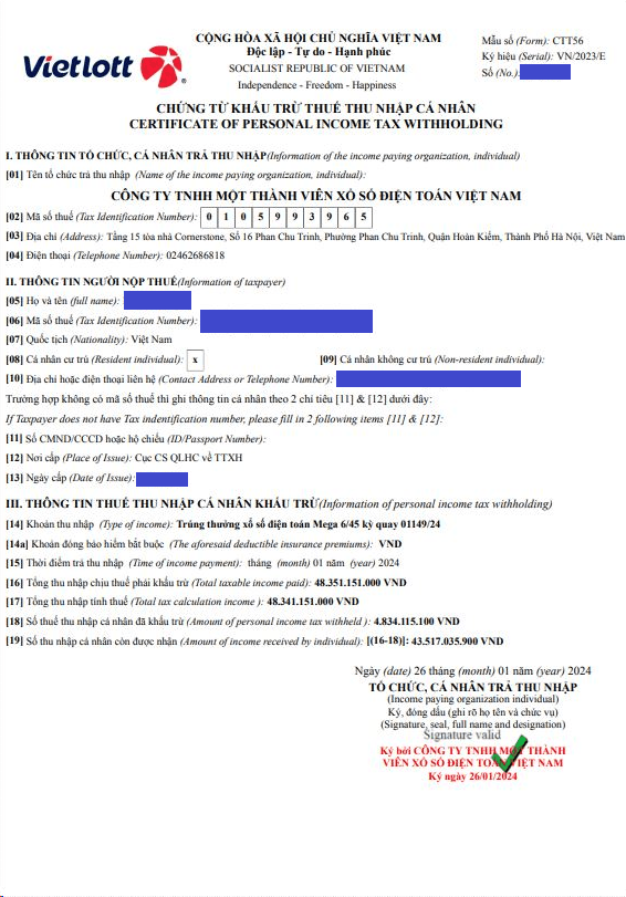 Chứng từ khấu trừ thuế thu nhập cá nhân của chị P.V Chứng từ khấu trừ thuế thu nhập cá nhân của chị P.V