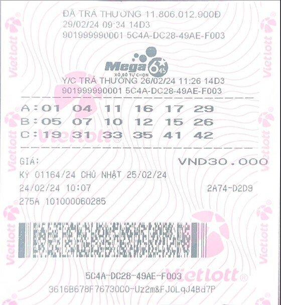 Tấm vé trúng thưởng của giải Jackpot Mega 6/45 kỳ QSMT số 01164 Tấm vé trúng thưởng của giải Jackpot Mega 6/45 kỳ QSMT số 01164