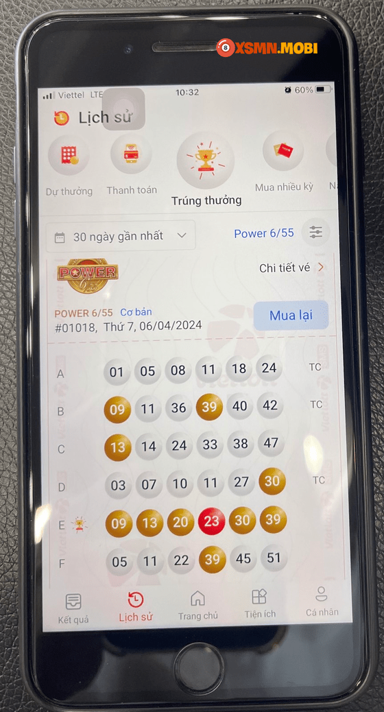 Màn hình mua vé Vietlott Power 6/55 của ông M.T Màn hình mua vé Vietlott Power 6/55 của ông M.T